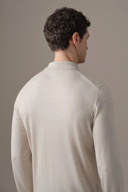Hemington - Merino Yün İpek Karışım Fermuarlı Bej Polo Triko (5)