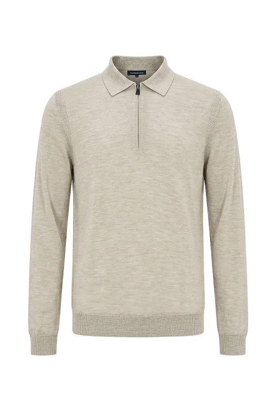 Hemington - Merino Yün İpek Karışım Fermuarlı Bej Polo Triko (6)