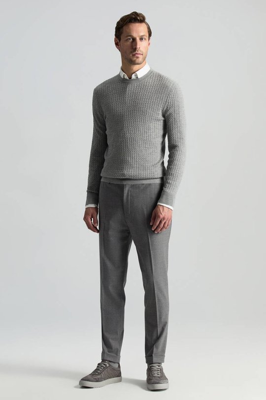 Merino Yün İpek Karışım Örgü Desen Bisiklet Yaka Açık Gri Triko