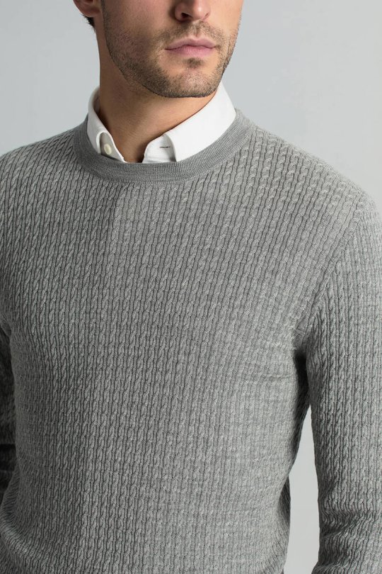 Merino Yün İpek Karışım Örgü Desen Bisiklet Yaka Açık Gri Triko