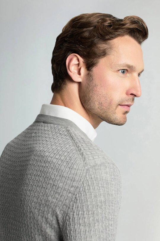 Merino Yün İpek Karışım Örgü Desen Bisiklet Yaka Açık Gri Triko