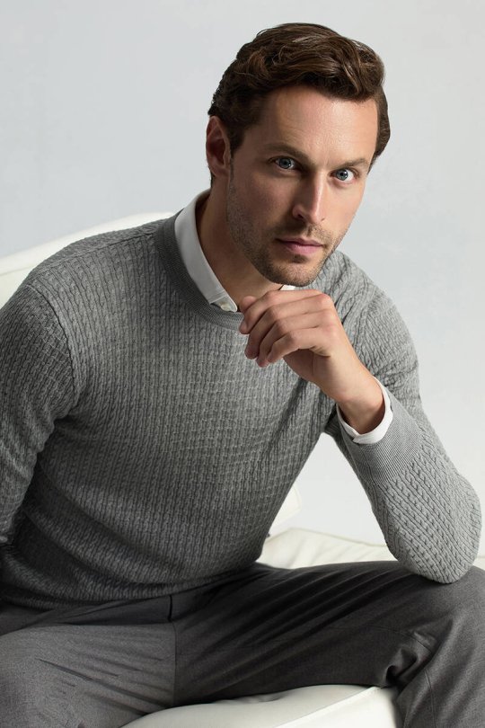 Merino Yün İpek Karışım Örgü Desen Bisiklet Yaka Açık Gri Triko