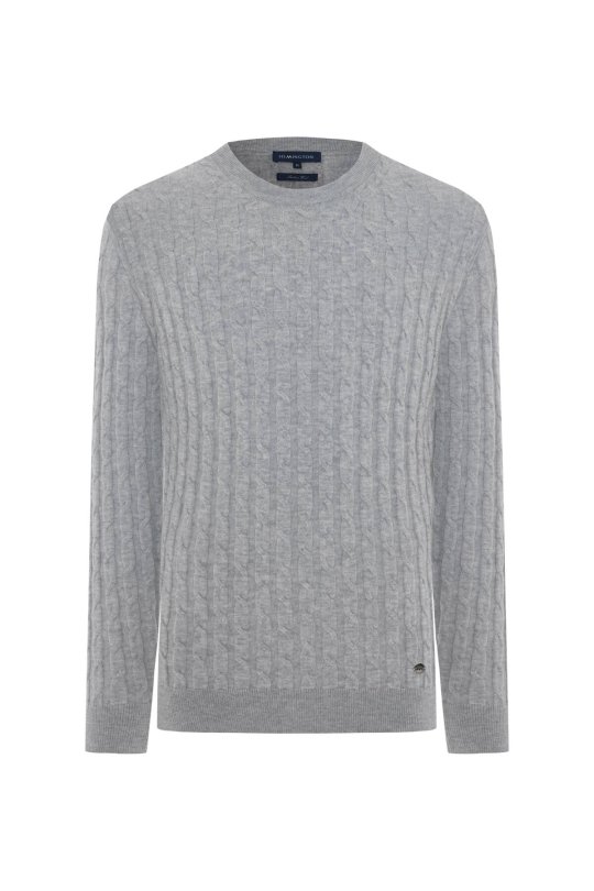 Merino Yün İpek Karışım Örgü Desen Bisiklet Yaka Açık Gri Triko