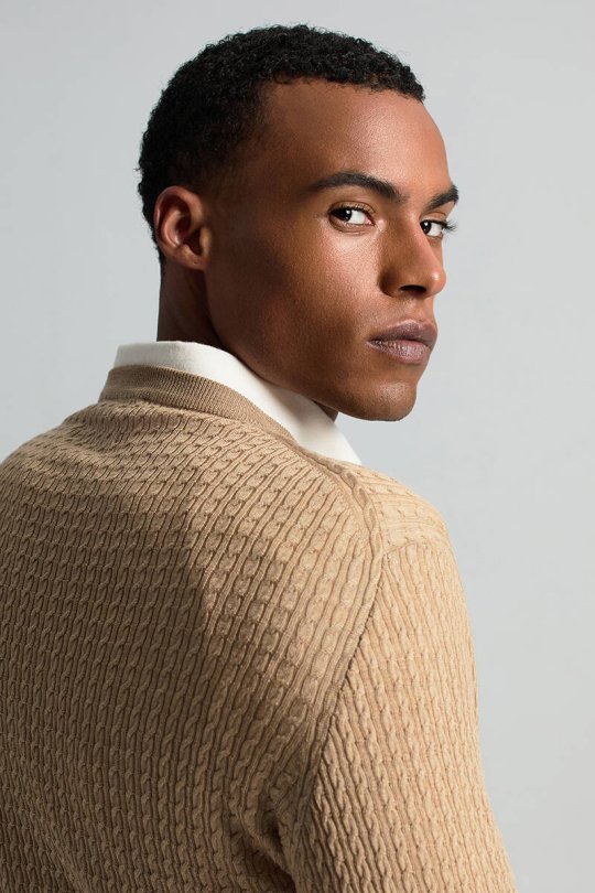 Merino Yün İpek Karışım Örgü Desen Bisiklet Yaka Camel Triko