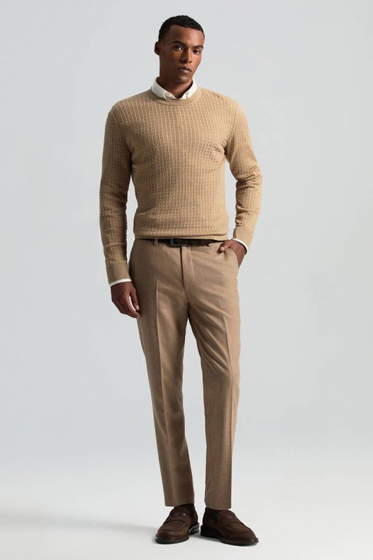 Merino Yün İpek Karışım Örgü Desen Bisiklet Yaka Camel Triko