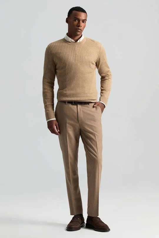Hemington - Merino Yün İpek Karışım Örgü Desen Bisiklet Yaka Camel Triko (1)