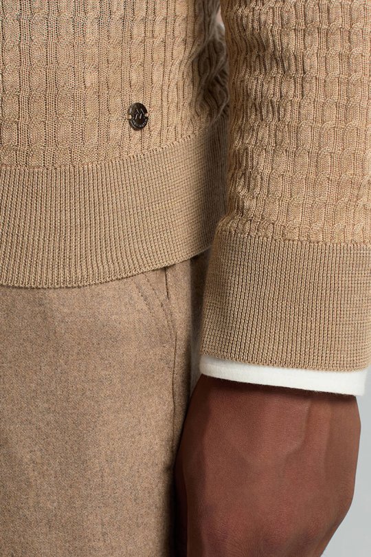 Merino Yün İpek Karışım Örgü Desen Bisiklet Yaka Camel Triko