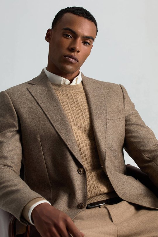 Merino Yün İpek Karışım Örgü Desen Bisiklet Yaka Camel Triko