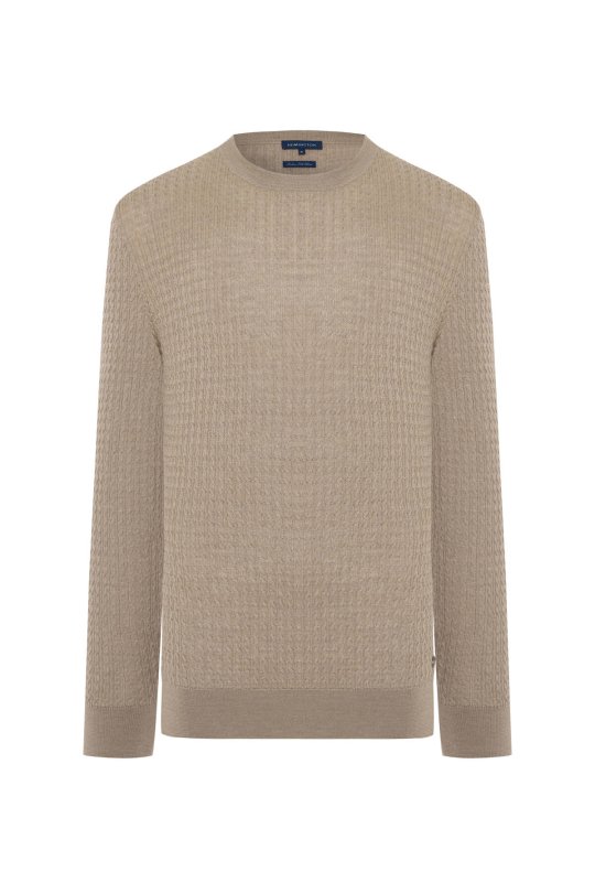 Merino Yün İpek Karışım Örgü Desen Bisiklet Yaka Camel Triko