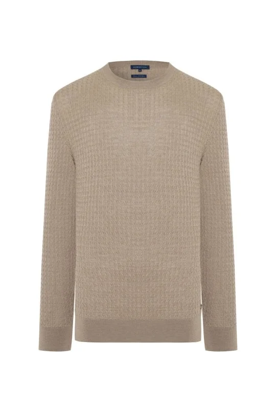 Hemington - Merino Yün İpek Karışım Örgü Desen Bisiklet Yaka Camel Triko (6)
