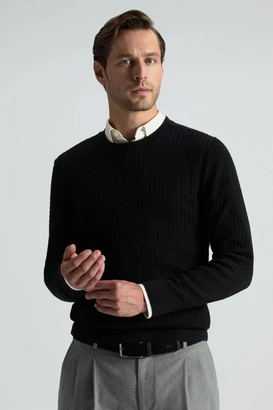 Hemington - Merino Yün İpek Karışım Örgü Desen Bisiklet Yaka Siyah Triko