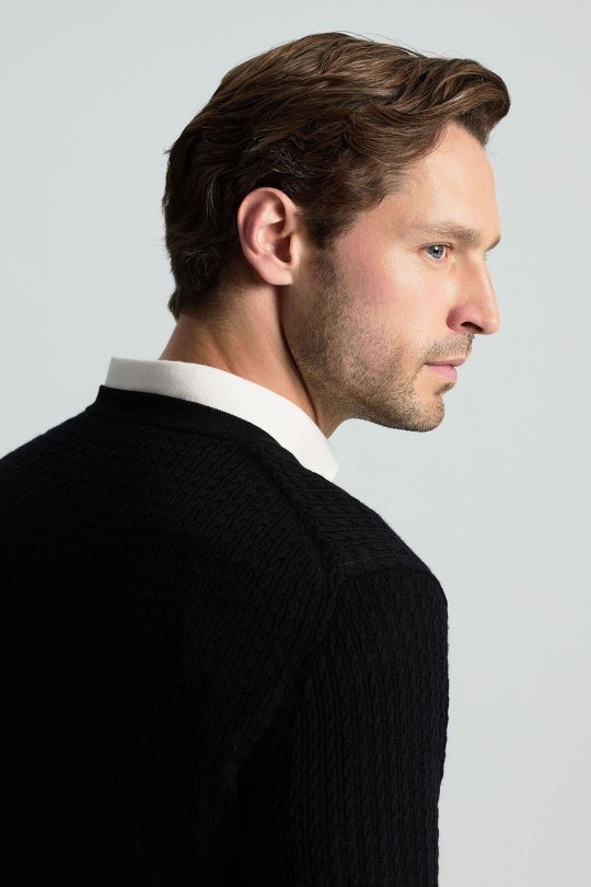 Merino Yün İpek Karışım Örgü Desen Bisiklet Yaka Siyah Triko