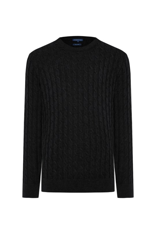 Merino Yün İpek Karışım Örgü Desen Bisiklet Yaka Siyah Triko