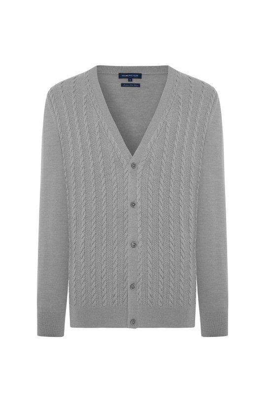 Merino Yün İpek Karışım Örgü Desenli Açık Gri Düğmeli Hırka