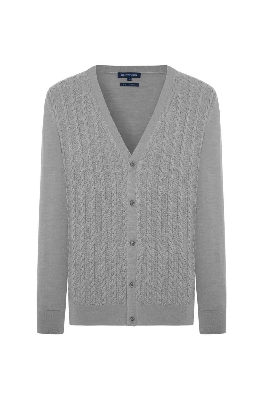 Hemington - Merino Yün İpek Karışım Örgü Desenli Açık Gri Düğmeli Hırka (4)