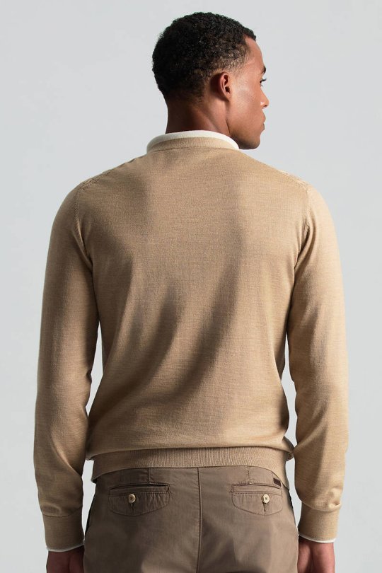 Merino Yün İpek Karışım Örgü Desenli Camel Düğmeli Hırka