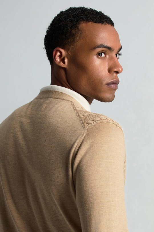 Merino Yün İpek Karışım Örgü Desenli Camel Düğmeli Hırka