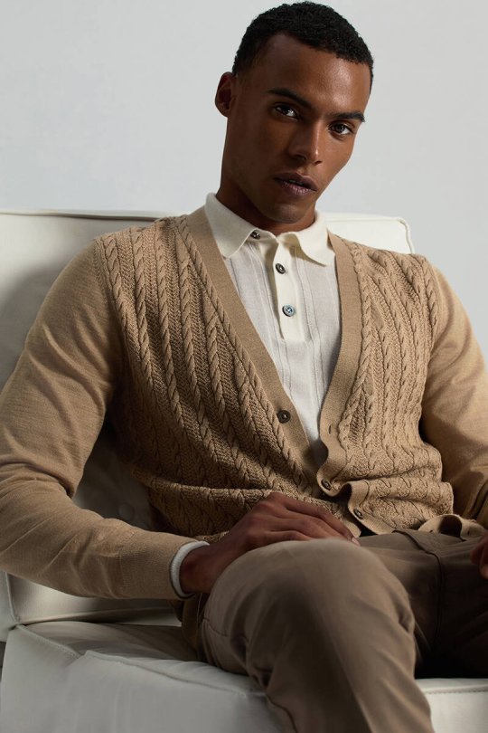 Merino Yün İpek Karışım Örgü Desenli Camel Düğmeli Hırka