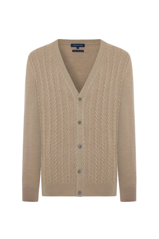 Merino Yün İpek Karışım Örgü Desenli Camel Düğmeli Hırka