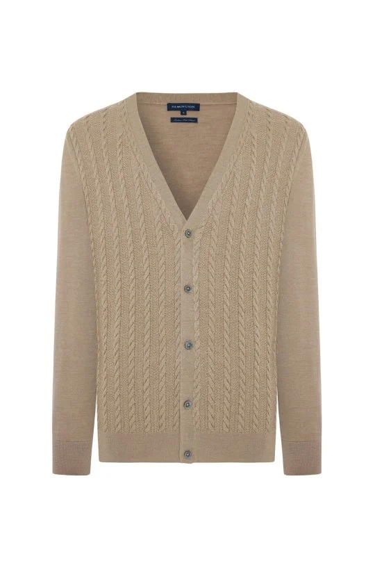 Hemington - Merino Yün İpek Karışım Örgü Desenli Camel Düğmeli Hırka (6)