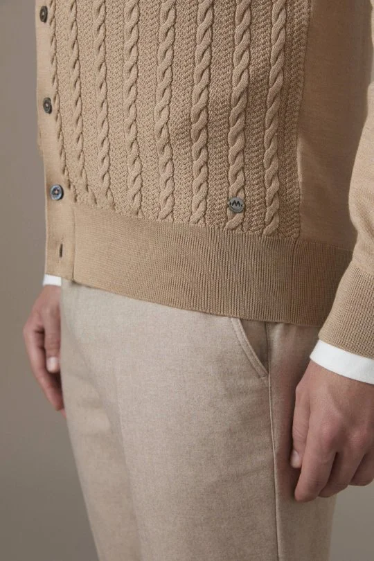 Merino Yün İpek Karışım Örgü Desenli Camel Hırka