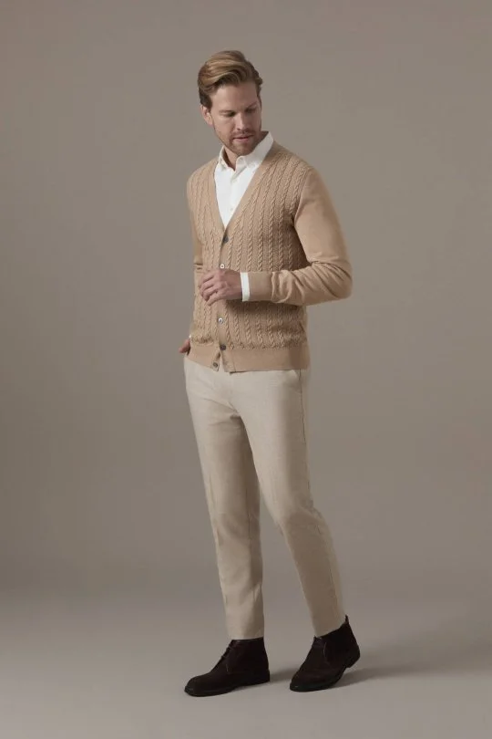 Merino Yün İpek Karışım Örgü Desenli Camel Hırka
