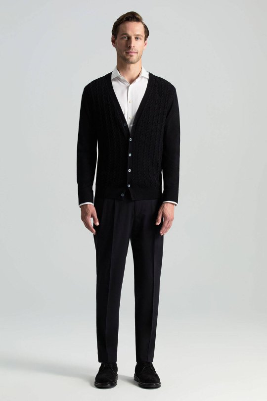 Merino Yün İpek Karışım Örgü Desenli Siyah Düğmeli Hırka