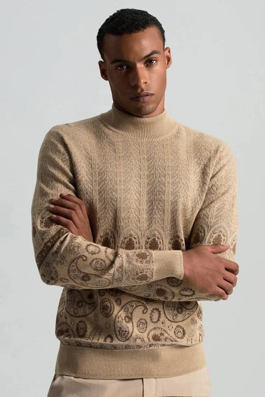 Hemington - Merino Yün İpek Karışım Paisley Desen Lupetto Yaka Camel Triko Kazak