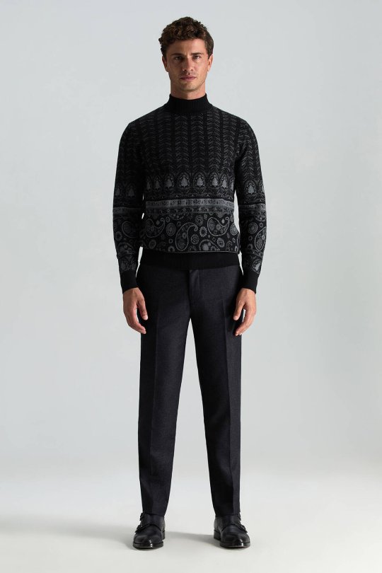 Merino Yün İpek Karışım Paisley Desen Lupetto Yaka Siyah Triko Kazak
