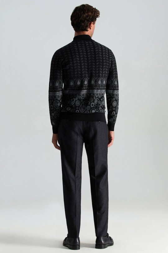 Merino Yün İpek Karışım Paisley Desen Lupetto Yaka Siyah Triko Kazak