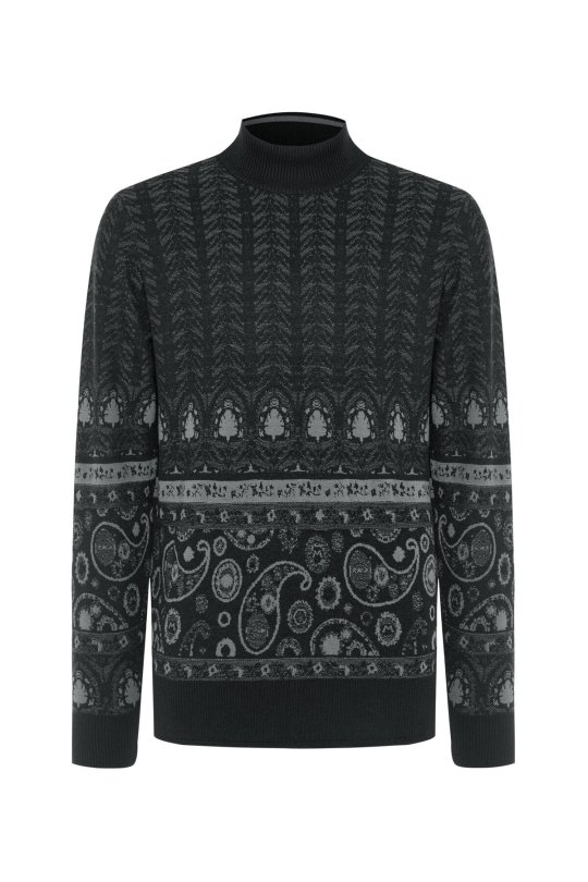 Merino Yün İpek Karışım Paisley Desen Lupetto Yaka Siyah Triko Kazak