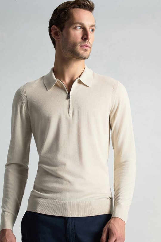 Merino Yün İpek Karışım Polo Yaka Yarım Fermuarlı Açık Bej Triko