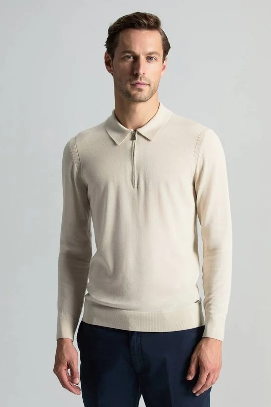 Hemington - Merino Yün İpek Karışım Polo Yaka Yarım Fermuarlı Açık Bej Triko (1)