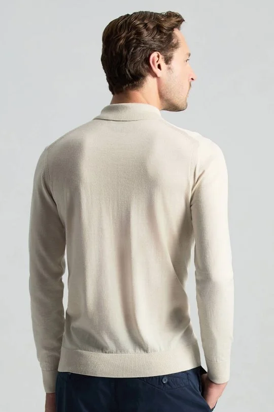 Hemington - Merino Yün İpek Karışım Polo Yaka Yarım Fermuarlı Açık Bej Triko (2)
