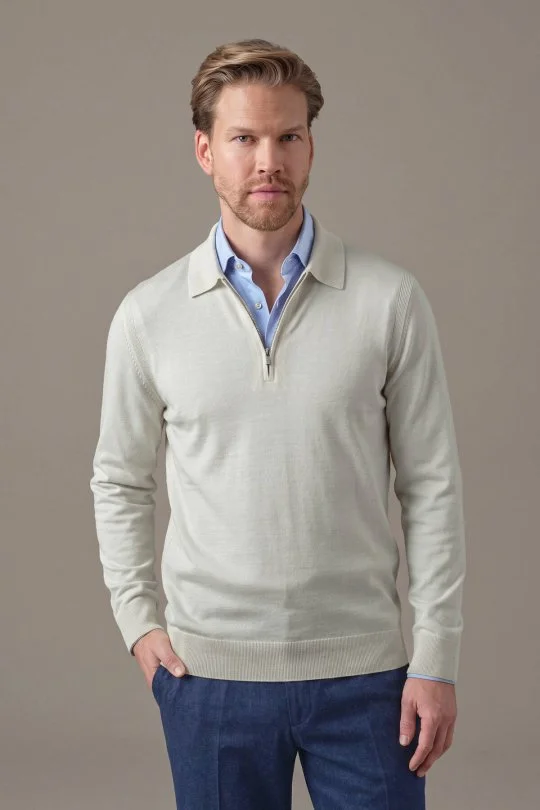 Hemington - Merino Yün İpek Karışım Polo Yaka Yarım Fermuarlı Açık Bej Triko (1)