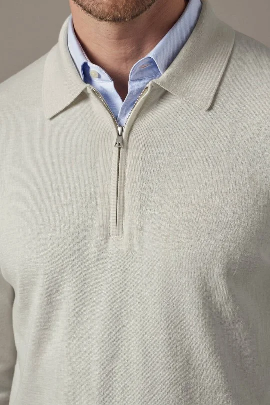 Hemington - Merino Yün İpek Karışım Polo Yaka Yarım Fermuarlı Açık Bej Triko (3)