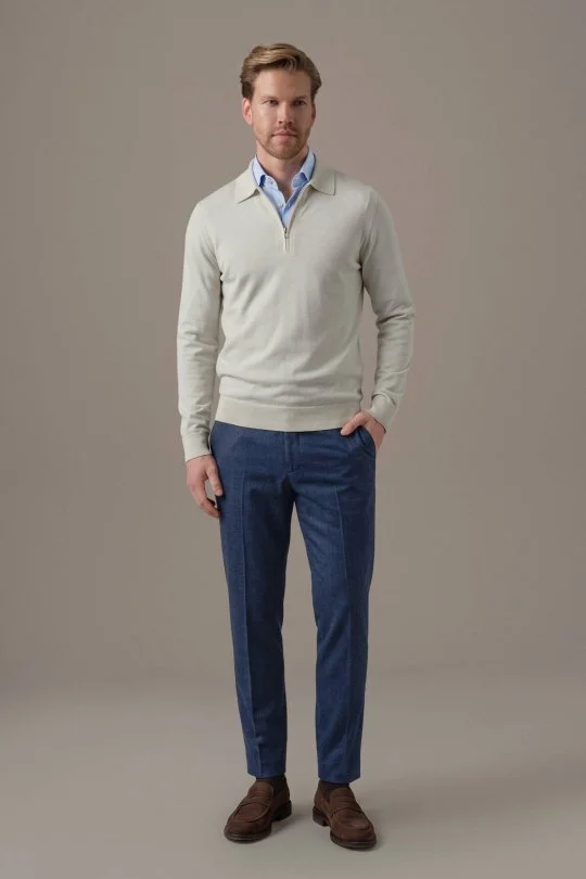 Hemington - Merino Yün İpek Karışım Polo Yaka Yarım Fermuarlı Açık Bej Triko (2)
