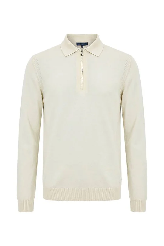 Hemington - Merino Yün İpek Karışım Polo Yaka Yarım Fermuarlı Açık Bej Triko (6)