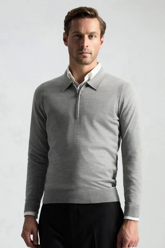 Hemington - Merino Yün İpek Karışım Polo Yaka Yarım Fermuarlı Açık Gri Triko