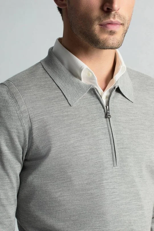 Hemington - Merino Yün İpek Karışım Polo Yaka Yarım Fermuarlı Açık Gri Triko (2)