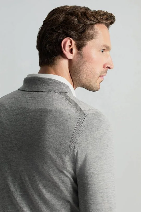 Hemington - Merino Yün İpek Karışım Polo Yaka Yarım Fermuarlı Açık Gri Triko (5)