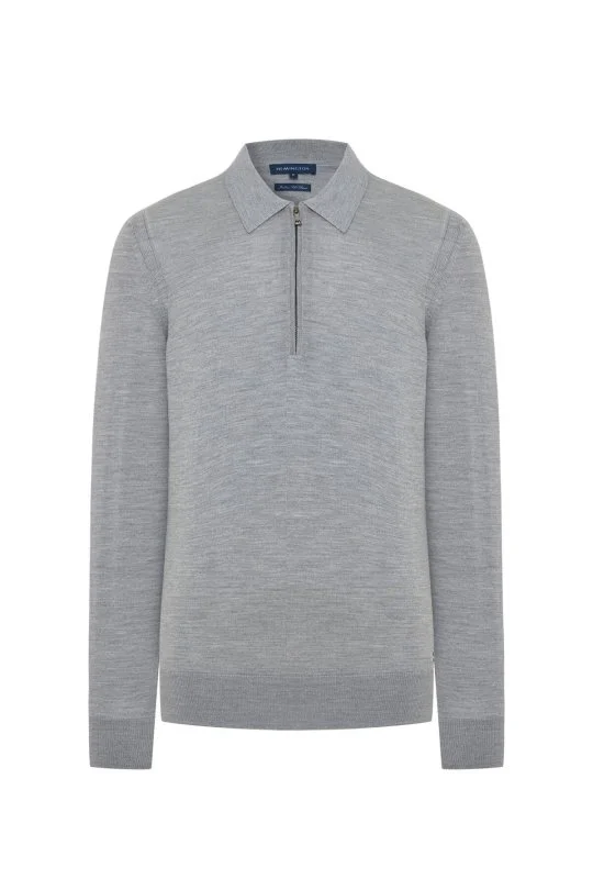 Hemington - Merino Yün İpek Karışım Polo Yaka Yarım Fermuarlı Açık Gri Triko (6)