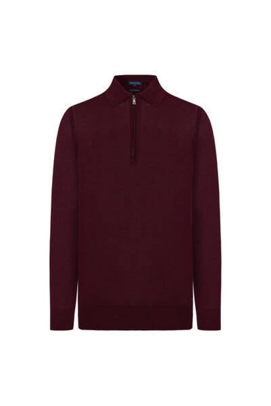 Merino Yün İpek Karışım Polo Yaka Yarım Fermuarlı Bordo Triko