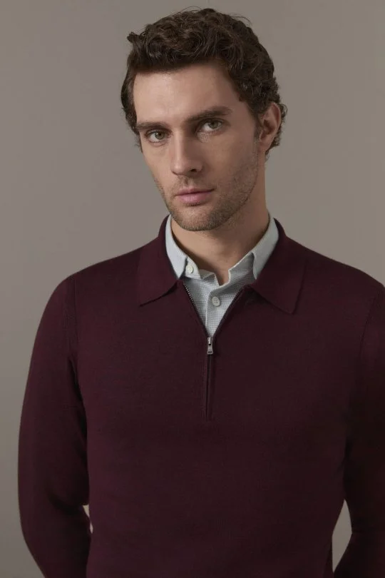 Merino Yün İpek Karışım Polo Yaka Yarım Fermuarlı Bordo Triko