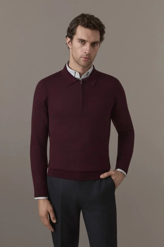 Merino Yün İpek Karışım Polo Yaka Yarım Fermuarlı Bordo Triko