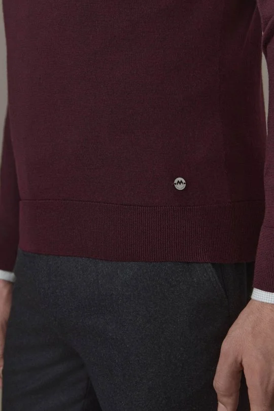 Merino Yün İpek Karışım Polo Yaka Yarım Fermuarlı Bordo Triko