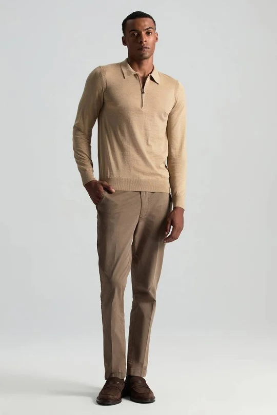 Hemington - Merino Yün İpek Karışım Polo Yaka Yarım Fermuarlı Camel Triko (1)