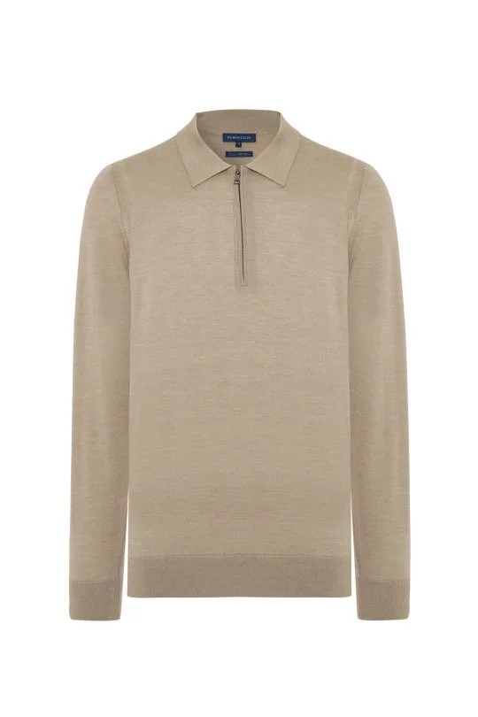 Hemington - Merino Yün İpek Karışım Polo Yaka Yarım Fermuarlı Camel Triko (6)