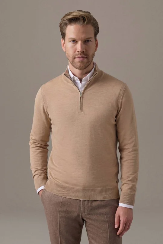 Merino Yün İpek Karışım Polo Yaka Yarım Fermuarlı Camel Triko