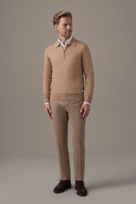 Merino Yün İpek Karışım Polo Yaka Yarım Fermuarlı Camel Triko
